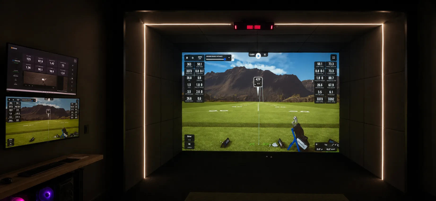 Golf simulator installation in a Kansas City home with finished walls, integrated lighting, and the simulator in play