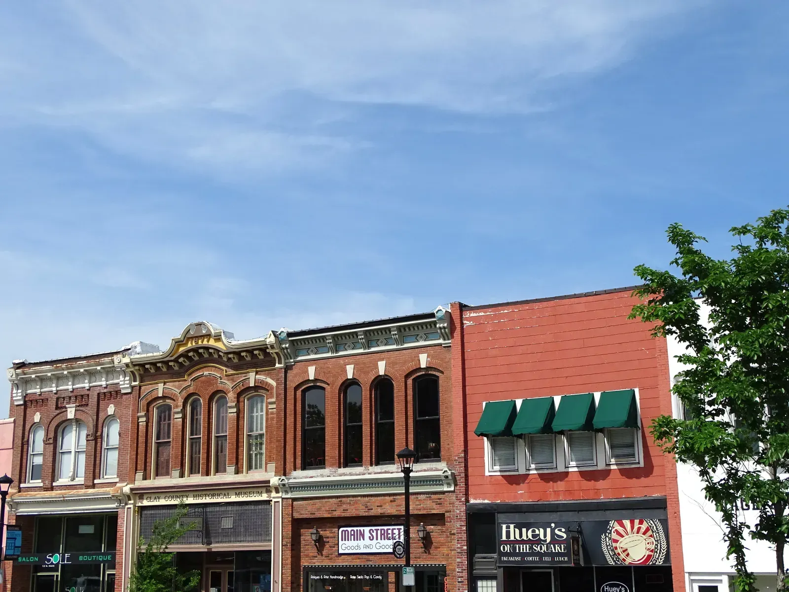 Historic brick storefronts on the downtown square in Liberty, Missouri