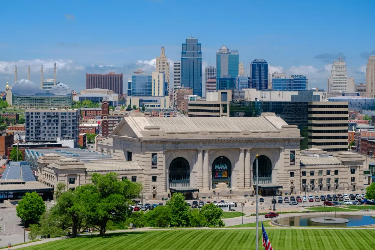 Kansas City, Missouri skyline above Union Station, where All Seasons builds golf simulators