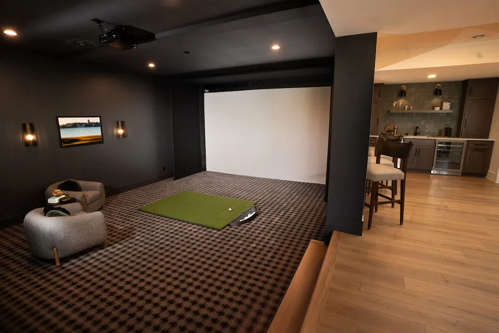 Parade of Homes basement golf simulator build — see builds like it at the All Seasons Kansas City showroom