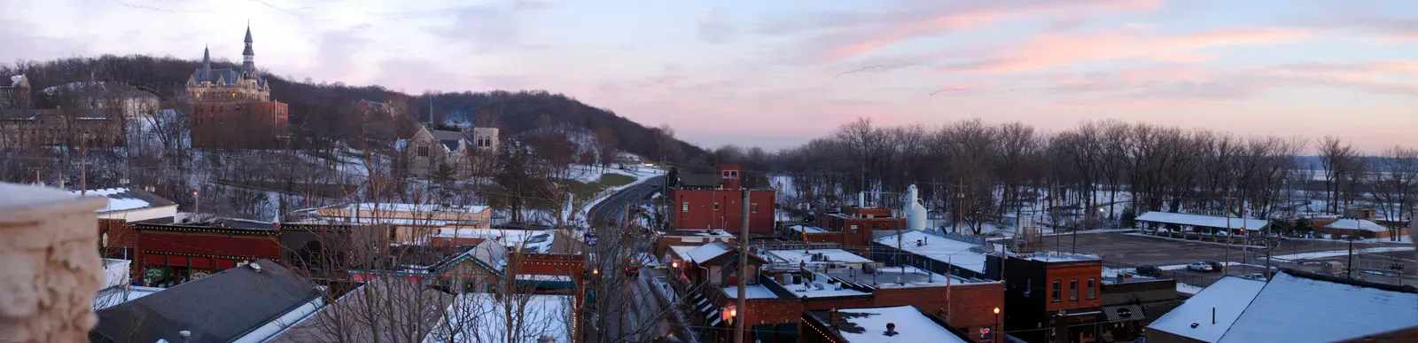 Snowy winter view over downtown Parkville, Missouri and Park University
