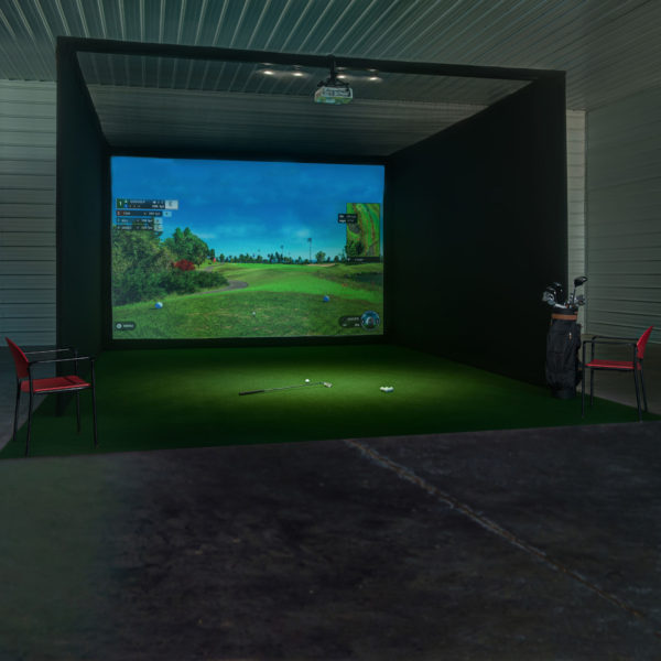 Detached golf simulator building in a Kansas City back yard, a stand-alone structure built for the swing